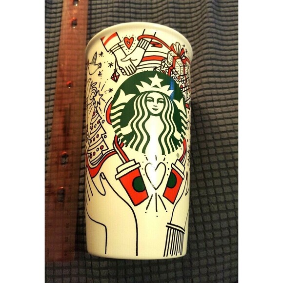 Starbucks Ceramic Tumbler 12oz Holiday 2017 Coffee Cup with Red Lid Travel Mug - Picture 5 of 12